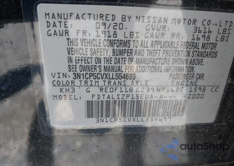 2020 Nissan Kicks Sv Xtronic Cvt из США, поврежденный, VIN 3N1CP5CVXLL554699